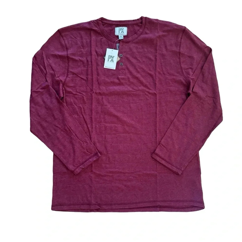 PX Clothing Mens Henley Blue Long Sleeve Shirt Textured Top Tee Buttons XXL NWT